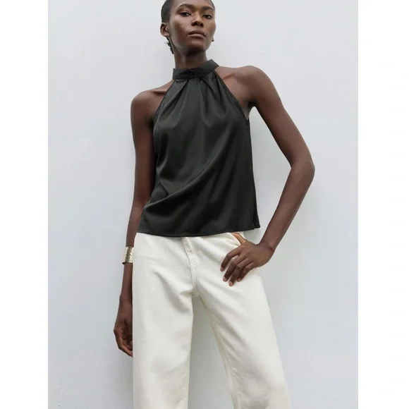 Black Satin Halter Blouse Top - Picture 5 of 8